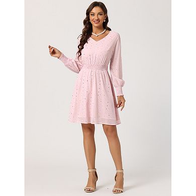 Women's Smocked Waist Chiffon Long Sleeve Shiny Star Dress