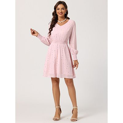 Women's Smocked Waist Chiffon Long Sleeve Shiny Star Dress