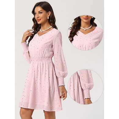 Women's Smocked Waist Chiffon Long Sleeve Shiny Star Dress