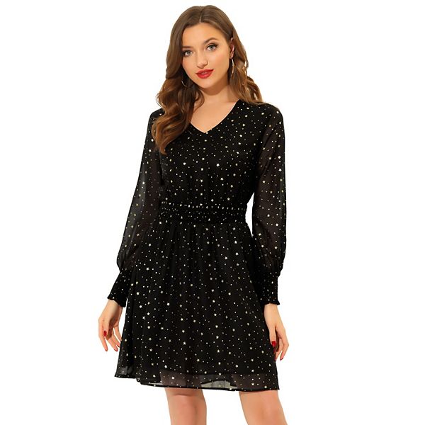 Women's Smocked Waist Chiffon Long Sleeve Shiny Star Dress