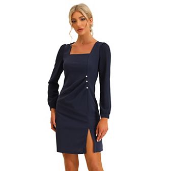 Women's Square Neck Ruched Front Contrast Panel Long Sleeve Dress