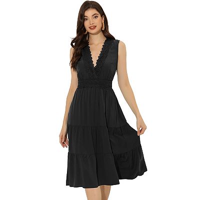 Women's Summer Tank Dress – V-Neck, Lace Trim, Front Pleated Detail With Button, Knee-Length Sleeveless Sundress