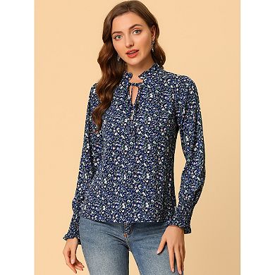 Women's Vintage Floral Top Ruffled Collar Tie Neck Long Sleeve Peasant ...