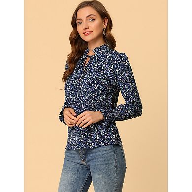 Women's Vintage Floral Top Ruffled Collar Tie Neck Long Sleeve Peasant ...
