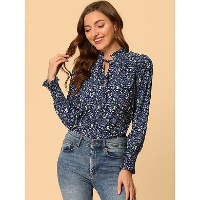 Women's Vintage Floral Top Ruffled Collar Tie Neck Long Sleeve Peasant ...