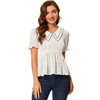 Women's Peter Pan Collar Blouse Smocked Peplum Polka Dots Tops