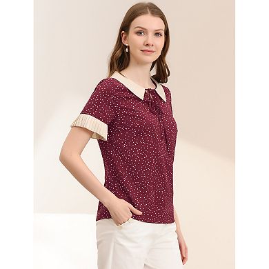 Women's Contrast Doll Collar Polka Dots Tops Short Sleeves Blouse