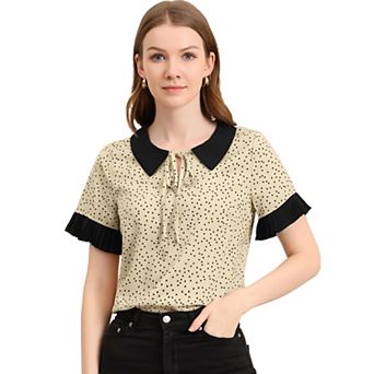 Women's Contrast Doll Collar Polka Dots Tops Short Sleeves Blouse