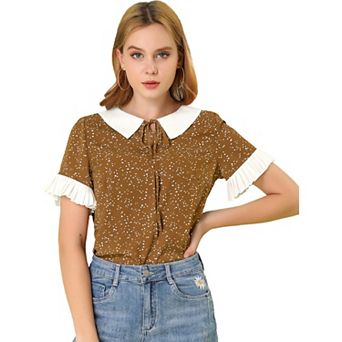 Women's Contrast Doll Collar Polka Dots Tops Short Sleeves Blouse