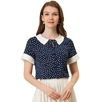 Women's Contrast Doll Collar Polka Dots Tops Short Sleeves Blouse