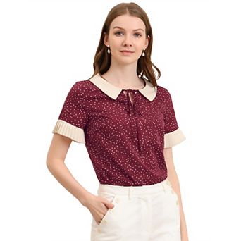 Women's Contrast Doll Collar Polka Dots Tops Short Sleeves Blouse