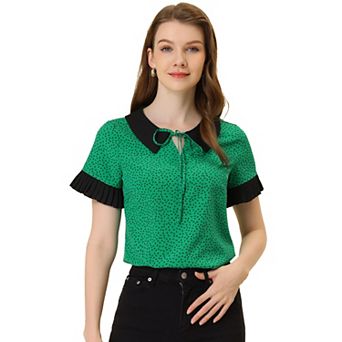 Women's Contrast Doll Collar Polka Dots Tops Short Sleeves Blouse