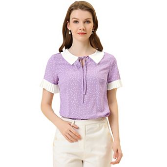 Women's Contrast Doll Collar Polka Dots Tops Short Sleeves Blouse