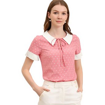 Women's Contrast Doll Collar Polka Dots Tops Short Sleeves Blouse