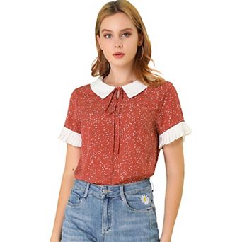 Women's Contrast Doll Collar Polka Dots Tops Short Sleeves Blouse