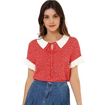 Women's Contrast Doll Collar Polka Dots Tops Short Sleeves Blouse