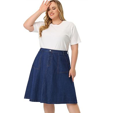 Women's Plus Size Denim Casual A-Line Midi Skirt with Pockets