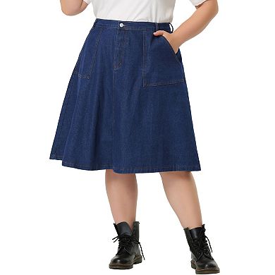 Women's Plus Size Denim Casual A-Line Midi Skirt with Pockets