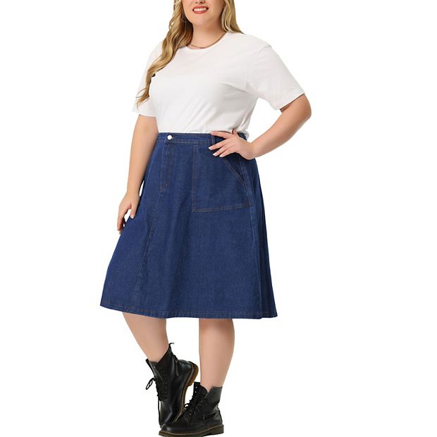 Unique Bargains Women s Plus Size Denim Casual A Line Midi Skirt with Pockets Size 2XL Blue