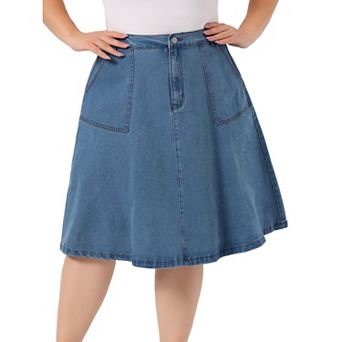Women's Plus Size Denim Casual A-Line Midi Skirt with Pockets