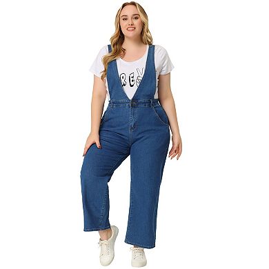 Plus Size Overalls Denim Pants for Women V Neck Strap Chambray Pants