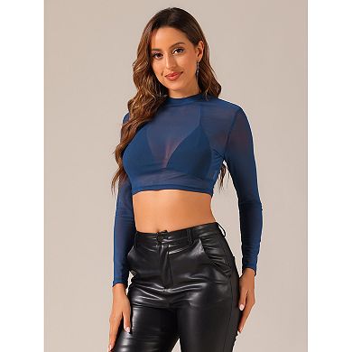 Women's Semi-Sheer Blouse Heart Crop Tops Mesh Top