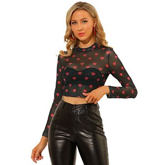 Women's Semi-Sheer Blouse Heart Crop Tops Mesh Top