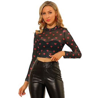 Women's Semi-sheer Blouse Heart Crop Tops Mesh Top