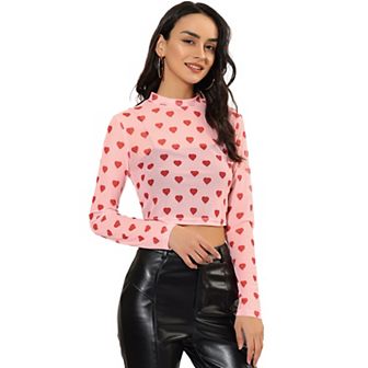 Women's Valentine's Day Semi-sheer Blouse Heart Crop Tops Mesh Top