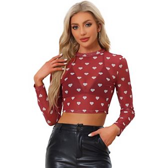 Women's Valentine's Day Semi-sheer Blouse Heart Crop Tops Mesh Top