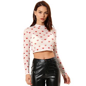 Women's Valentine's Day Semi-sheer Blouse Heart Crop Tops Mesh Top