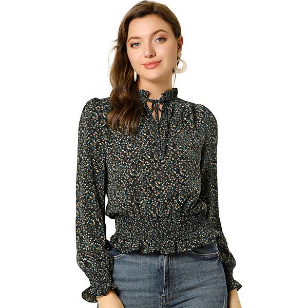 Women's Ditsy Floral Blouses Ruffle Tie Neck Long Sleeve Peplum Smocked