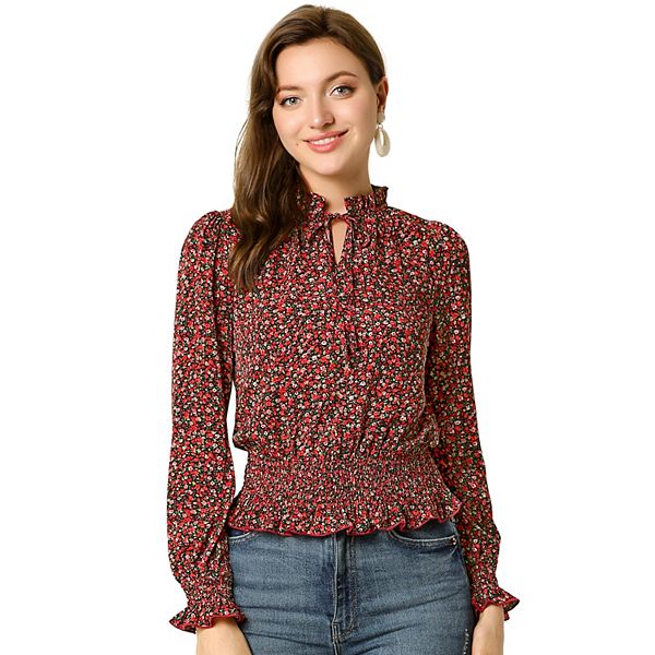 Women's Ditsy Floral Blouses Ruffle Tie Neck Long Sleeve Peplum Smocked