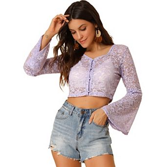 Women's Lace Crop Top V Neck Button Front Bell Sleeve Bolero Cardigan
