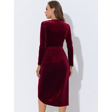 Women's Elegant Velvet Wrap V Neck Tie Waist Long Sleeve Party Midi Dress