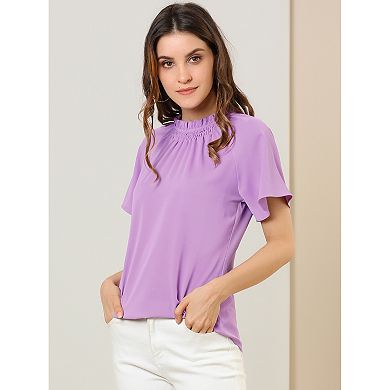 Women's Short Sleeve Blouse Casual Business Pleated Mock Neck Tops