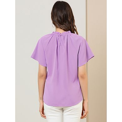Women's Short Sleeve Blouse Casual Business Pleated Mock Neck Tops
