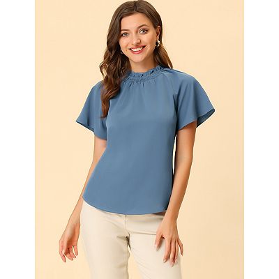 Women's Short Sleeve Blouse Casual Business Pleated Mock Neck Tops