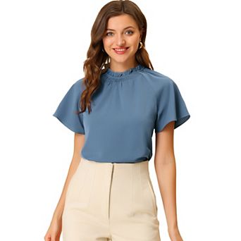Women's Short Sleeve Blouse Casual Business Pleated Mock Neck Tops