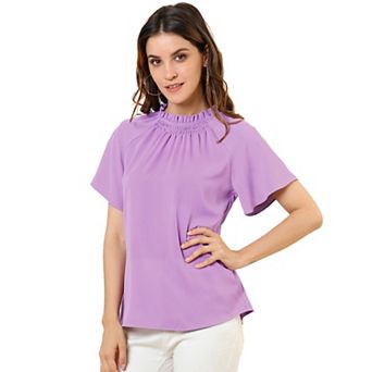 Women's Short Sleeve Blouse Casual Business Pleated Mock Neck Tops