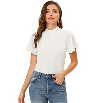 Women's Short Sleeve Blouse Casual Business Pleated Mock Neck Tops