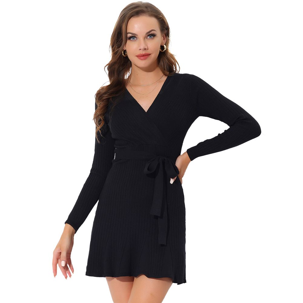 V Neck Long Sleeve Sweater Dress