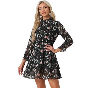 Women's Floral Ruffle Trim Long Sleeve Smocked Neck Layered Mini Dresses