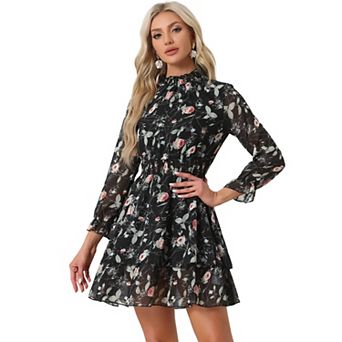 Women's Floral Ruffle Trim Long Sleeve Smocked Neck Layered Mini Dresses