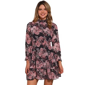 Women's Floral Ruffle Trim Long Sleeve Smocked Neck Layered Mini Dresses