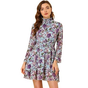 Women's Floral Ruffle Trim Long Sleeve Smocked Neck Layered Mini Dresses