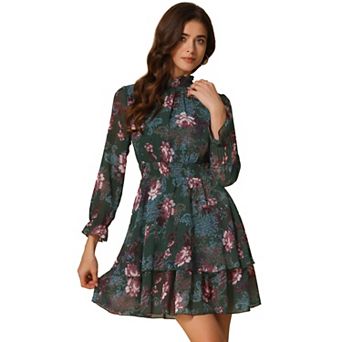 Women's Floral Ruffle Trim Long Sleeve Smocked Neck Layered Mini Dresses