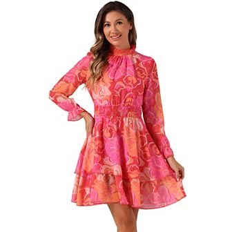 Women's Floral Ruffle Trim Long Sleeve Smocked Neck Layered Mini Dresses