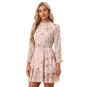 Women's Floral Ruffle Trim Long Sleeve Smocked Neck Layered Mini Dresses