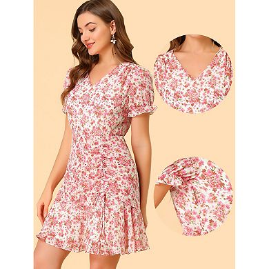 Women's Floral Puff Sleeve V Neck Drawstring Ruched Ruffle Dress